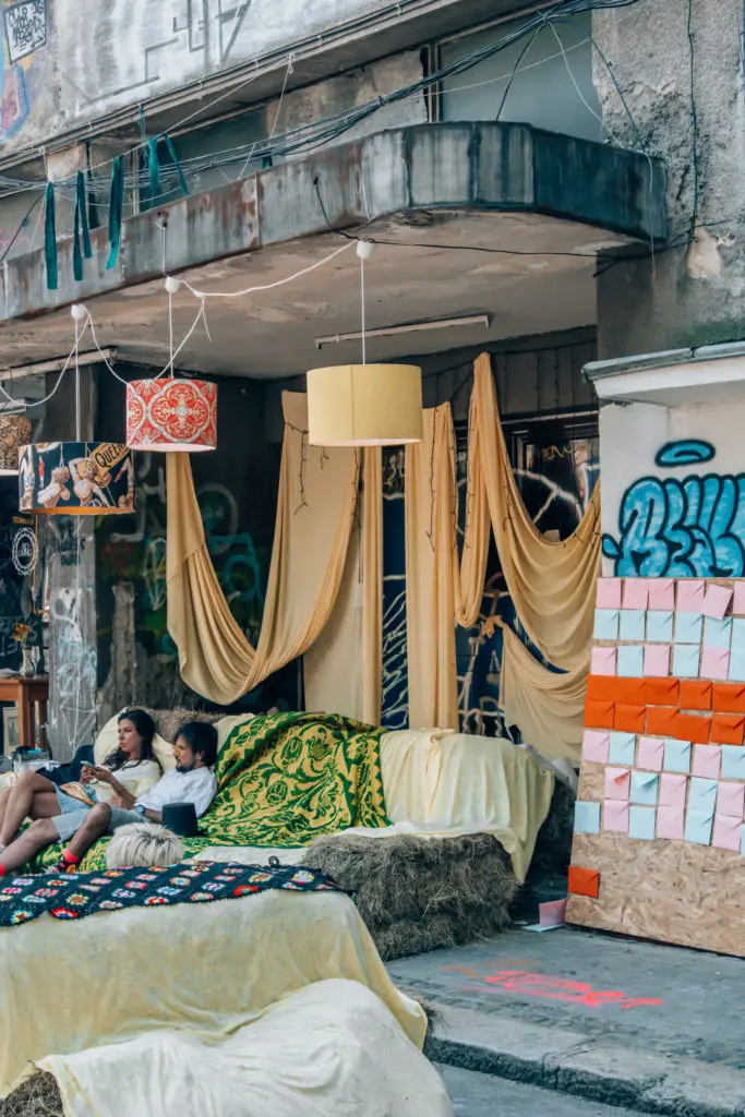 creative outdoor seating set up at a festival in bucharest